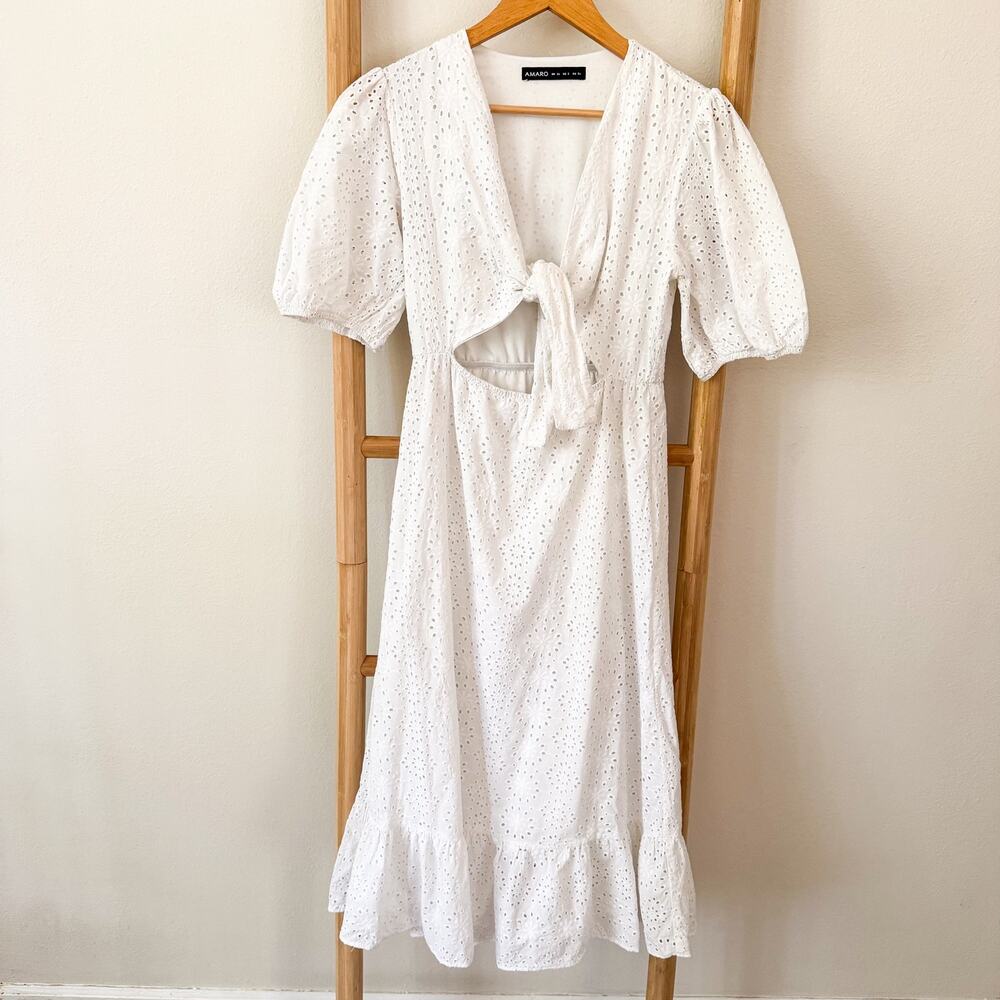 Amaro White Eyelet Midi Dress Size 2 Puff Sleeve Cutout Tie Front Cottagecore